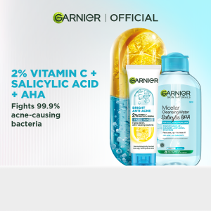 Garnier Anti Acne Double Cleansing Duo: 2% Salicylic Acid 3-in-1 Anti Acne Cleanser and 2% Salicylic Acid BHA Micellar Water - Skincare for pimple open pores acne prone skin