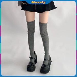Masely 1Pair Women Thick Cotton Long Girls Long Tube School Socks Black/White/Gray