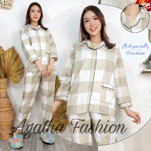 Baju Tidur Piyama Wanita Kotak Nona Motif Pajamas Cewek Dewasa / Piyama Kotak Lengan Panjang / Piyama Kotak korea