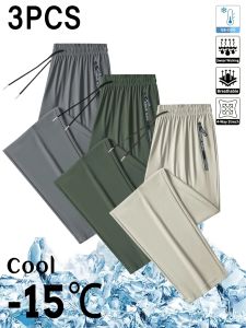 3pc Mens Casual Sports Pants Ice Silk Breathable And Refreshing Elastic Quick-Drying Sports Pants Man Football Summer Clothes2026
