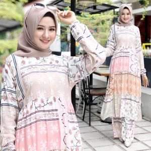 Fya Shope - Stelan Baju Tunik & Celana Wanita Muslimah Blouse Lengan Panjang Model Susun 3 Bahan Fashionable Baju Mewah Elegant Baju Tunik Wanita Busui Set Damar / Good Quality / Best Seller / Real Pict