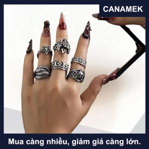 【CANAMEK】 6 cái bộ Halloween Đồ Trang Sức Gothic Kim Loại Skull Head Năm Điểm Sao Có Thể Điều Chỉnh Vòng Cho Nam Giới Punk Nhẫn Đảng Quà Tặng