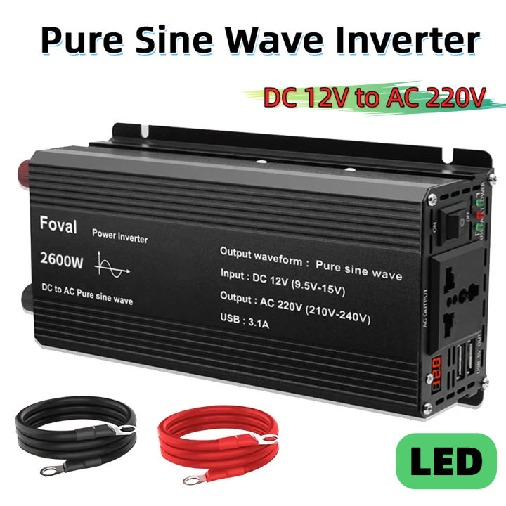 Gelombang sinus tulen LED Inverter 1000W /2600W Peak DC 12V ke AC 220V-240V dengan 2 port USB untuk kereta dan lori Camping Converter Adapter