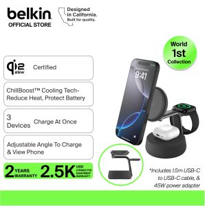 Belkin WIZ040my UltraCharge Pro 3in1 Magnetic Charging Dock with Qi2 25W (iphone17/16pixel 10 pro xl)