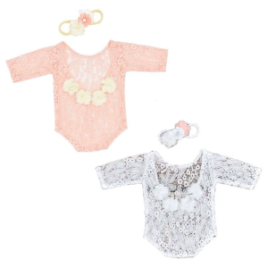 2 Pcs Baby Cute Flower Pearl Headband Lace Romper Set Flower Hair Band Headdress Newborn Photography Props Outfits Set