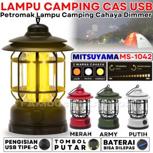 Lampu Camping Emergency Lampu Pilar Outdoor Lampu Emergency Lampu Darurat - Lampu Lentera USB Tipe-C MITSUYAMA MS-1042 Petromak Lampu Camping Solar Panel 3 Warna Cahaya ~FSS
