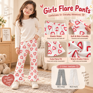 AILEBE Kids Pants Korean Style Flare Pants With Heart Print Soft Warm Skin-Friendly Dralon Fabric Elastic Waist Casual OOTD Panglakad Daily Wear Outdoor Family Trip For Girls