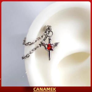 Miễn phí vận chuyển✨ Red Zircon Wing Chain Bông tai cho phụ nữ người đàn ông Gothic bạc màu đinh tán Tai xương Nail Earring Y2K đồ trang sức phụ kiện