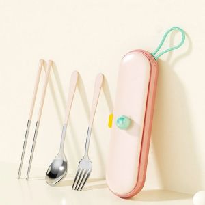 YIYU STUDIO Stainless Steel Portable Tableware Set  Cartoon Pattern Fork Dining Utensils Kit Eco-Friendly Storage Box Flatware Set School Supplies