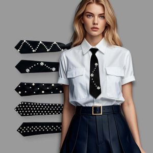 CRYST ดำ ผูกไข่มุก ปอยผม แบบเกาหลี ผ้าผูกคอแบบยาวที่ประดับด้วยลูกปัด นิสัย รูปทรงเรขาคณิต ตกแต่ง เสื้อ เนคไท ผู้หญิง