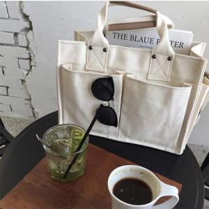 2022 South Korea Casual Large Canvas Shoulder Tote Bag Multi Pocket Storage Organizer