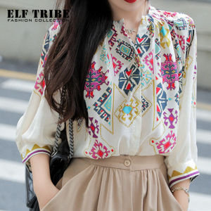 ELF TRIBE Womens New Print Floral Casual Blouse Imitation Mulberry Silk Mid-sleeve Shirt