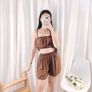 DNEMNLPH Blaire Set (Trendy Korean Inspired Fashion Coordinates Garter Terno Top Shorts Printed Womens Clothing High Quality With Neutral Colors Stretchable Freesize For Girls Ladies Women Casual Summer Outfit Linen Fabric Beach)