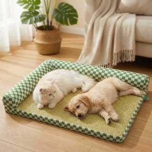 Breathable Pet Cooling Mat Cat Dog Rattan Bed with Pillow Ice Sensation Sleeping Pad Detachable Washable Easy to Clean