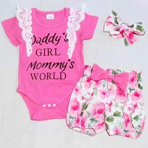SETELAN BAYI PEREMPUAN 3IN1 FLORAL JUMPER SHORT PANT HEADBAND