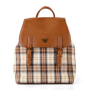 Disney Mickey Classic Luxury Check Backpack Camel Leather Style Three Pockets PU Leather Suitable for Adult Women for Daily Use