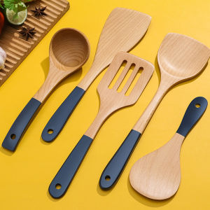 Xiaxuannai Fried Spatula Long Handle Heat Resistant Non-stick Beech Wooden Cooking Rice Spatula Soup Spoon for Kitchen
