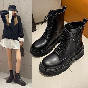Black Womens Leather Boots Korean High Top Shoes Fashion Casual Ankle Boots