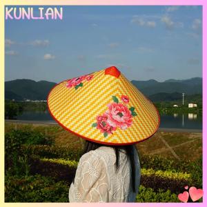 [KUNLIAN] Cone Hat Retro Bamboo Rattan Fisherman Hat Handmade Weave Straw Bucket Hat Rain Dance Props Cone Sunshade Hat Plastic Bamboo Hat