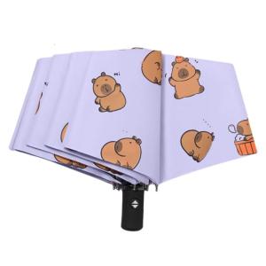 Độ bền tự động đóng mở ô với lớp phủ màu đen và capybara in Mặt Trời và dễ dàng mang theo Ô đi mưa