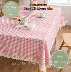 Khăn trải bàn vải canvas họa tiết kẻ nhí VIỀN REN phong cách Nhật Bản nhẹ nhàng vintage