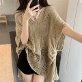 Somi RTW V-neck Side Drawstring Hollow Out Crochet Cover Up Oversize Knitted Beach Top M1328. 