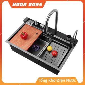 Chậu Rửa Bát 1 Hố Cao Cấp HODABOSS Hiển Thị Nhiệt Độ Chậu Rửa bát 1 Ngăn Lớn Kèm Vòi Lọc Nước Thác Nước rổ