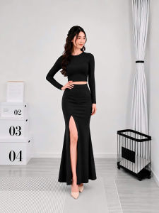 Set áo croptop tay dài kèm Chân váy xẻ trước KVYBODY S8 chất thun borip lụa dày mịn co giãn