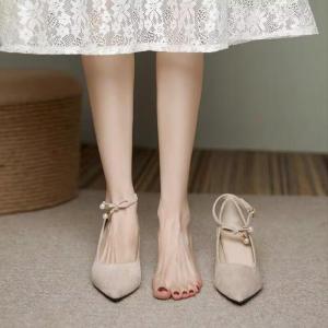 Free Shipping 2026 Autumn New Collection: Elegant Pointed-Toe Pearl-Embellished Strappy Chunky Heel Flats For Women Featuring A Matte Suede Upper And Non-Slip Sole
