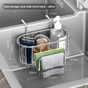 ROBERTA Wall Mounted Stainless Steel Sink Drain Basket Silver/Black/Grey Hanging Faucet Sponge Holder Multifunctional with Rod Soap Holder Rack Kitchen