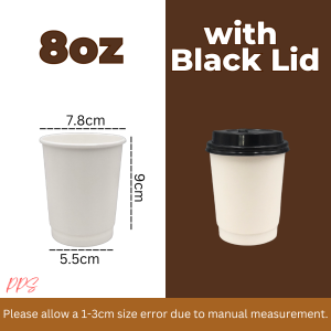 50pcs Double Wall Coffee Paper Cup Plain White with Black Flip Lid 8oz / 12oz/ 16oz