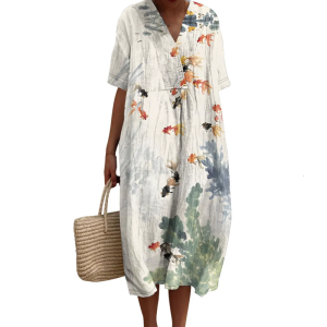 3D in đồ họa Đầm maxi tay ngắn V cổ Đầm mùa hè thường Loose váy dài có túi của phụ nữ Ăn mặc