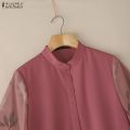 ZANZEA Korean Style Women Stylish Stand Collar Short Sleeve Blouses Floral Print Patchwork Daily Top #1201. 