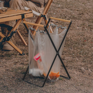 BLACKWORM outdoor camping household garbage rack foldable kitchen debris storage rack plastic bag bracket wooden handle garbage hanger