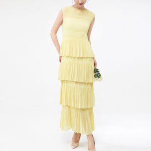 KESHANGYI 2026 Summer New Womens Sleeveless Pleated Dress Tiered Cake Skirt Midi Length A-line Flowy Vacation Style Solid Color Casual Chic
