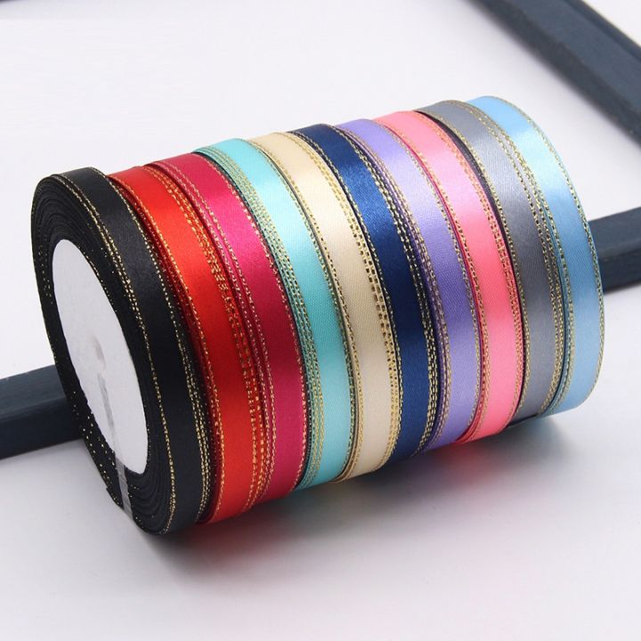 1cm 25yards Satin Ribbon with Gold Edge Gift Wrapping Wedding Birthday  Party Decoration Ribon