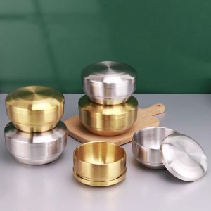 RABABY TOY Gold Silver Kitchen Utensils Korean Cuisine With Lid Tableware Container Cereal Bowls Double Rice Bowl Mixing Bowls Soup Bowl