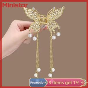 Ministar Exquisite Rhinestone Butterfly Fringe Hair Claw Clips Korean New Ponytail Braid Hairpin Girl Crab Metal Headdress Gift