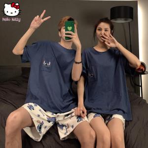 Stitch Anime New Couple Pajamas Summer Cartoon Short Sleeve Shorts Kawaii Simple Fashion Men Casual Loungewear Cotton Comfort