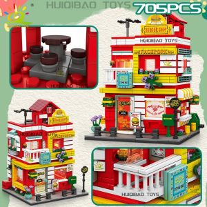 HUIQIBAO City Street View Supermarket Coffee Burger Shop Hotel Model Building Blocks DIY Architecture Bricks Toys Gift