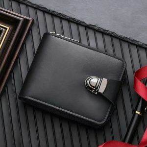 #FS-181 PU Leather Card Holder Short Bifold Zipper Wallet With Button Lock