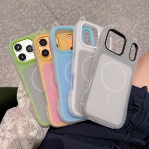 Cat Ears Candy Matte 2IN1 Magnetic Phone Case For iPhone 11 12 13 14 15 16 17 Pro Max Plus For Magsafe Shockproof Bumper Cover
