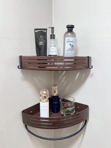 SXH Wood-grain bathroom corner shelf toilet storage shelf bathroom wall corner shelf no-drill installation