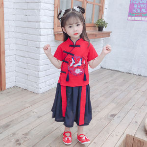 <915>2024 New Childrens Tang Costume Suit Boys and Girls Chinese Style Two-Piece Set Baby Han Chinese Costume Short Sleeve Suit Fashion