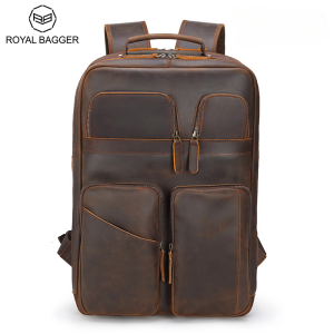 Royal Bagger Outdoor Large Backpack for Man Retro Crazy Horse Leather Men Shoulder Bag 15.6 Inch Laptop Backpacks New Travel Sports Handbag Genuine Cow Leather