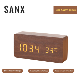 SANX LED Wooden Alarm Clock Voice Control with USB Calendar Digital Desktop Clocks Jam Loceng Kuat Loud Sound 闹钟