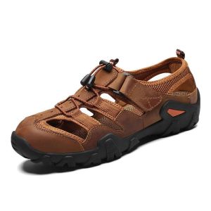Summer New Genuine Leather Thick Sole Baotou Sandals for Mens Anti Slip Beach Shoes