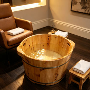SoLoMan Brand New Wooden Foot Spa Basin for Foot Spa Tub Salon Use - Natural Wood Finish with Water Inside - Accompanied by Towels and Wooden Stool in a Relaxing Setting