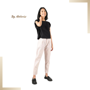 Celana Casual Wanita Kulot Pinggang Tinggi Elastis Full Length - Warna Ivory/Abu-abu Gelap