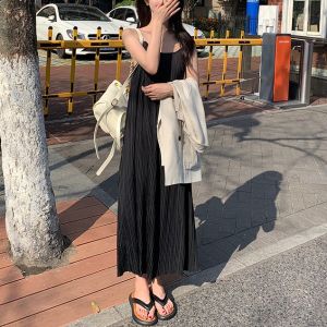 Women Casual Plain Ruched Dress Korean Style Sleeveless Loose Slip Solid Cami Midi-Dress